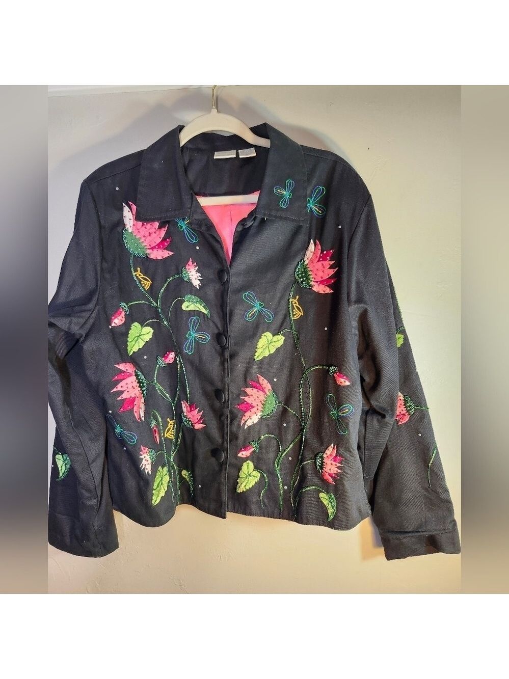 Bleu Bayou 100% Cotton Vtg Floral Embroidered Black Jacket Sz L